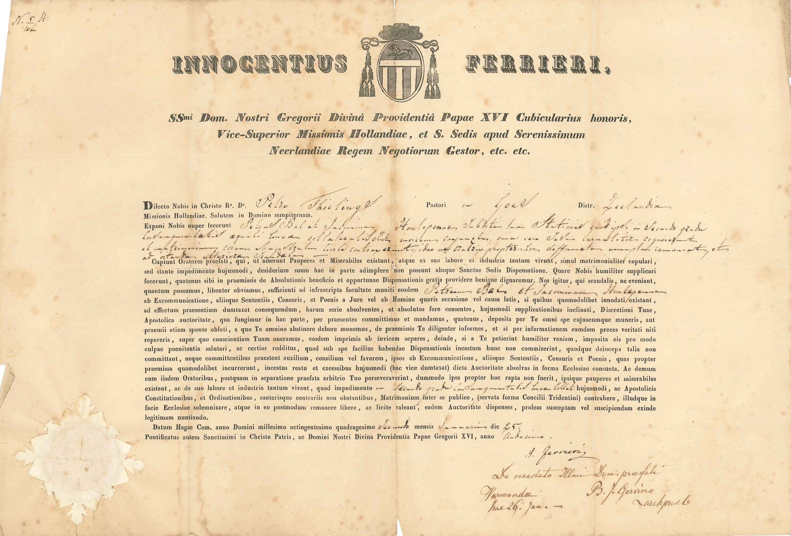 Dispensatie voor het huwelijk van P. Bal en J. Houtepenne, 1842. Arch.rk_.kerk,inv.nr_. 44..jpg
