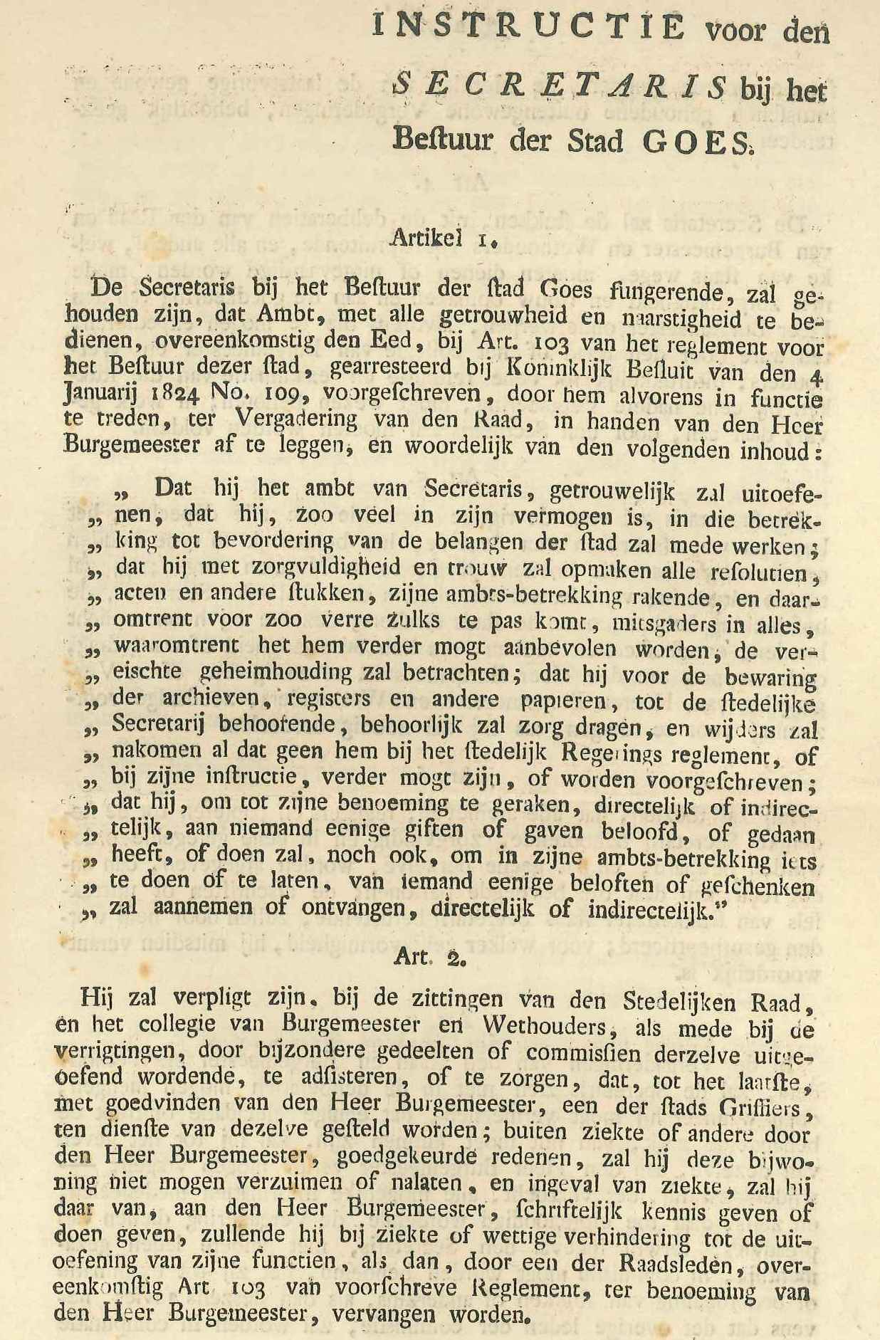 Instructie voor de stadssecretaris, 1824. GAG.ASG.inv.nr. 781.