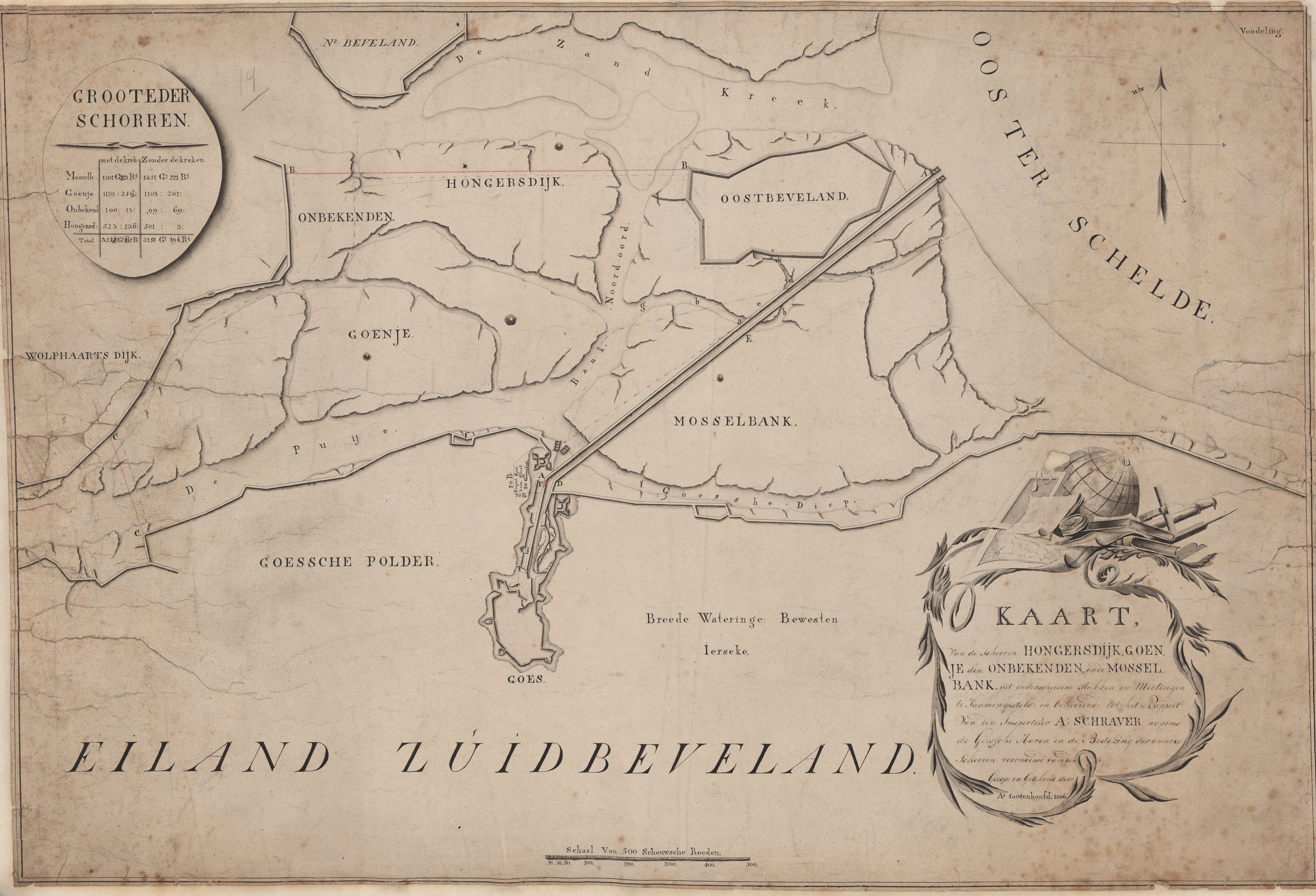 Kaart van de schorren ten noorden van Goes, door A. Toutenhoofd, 1806.
