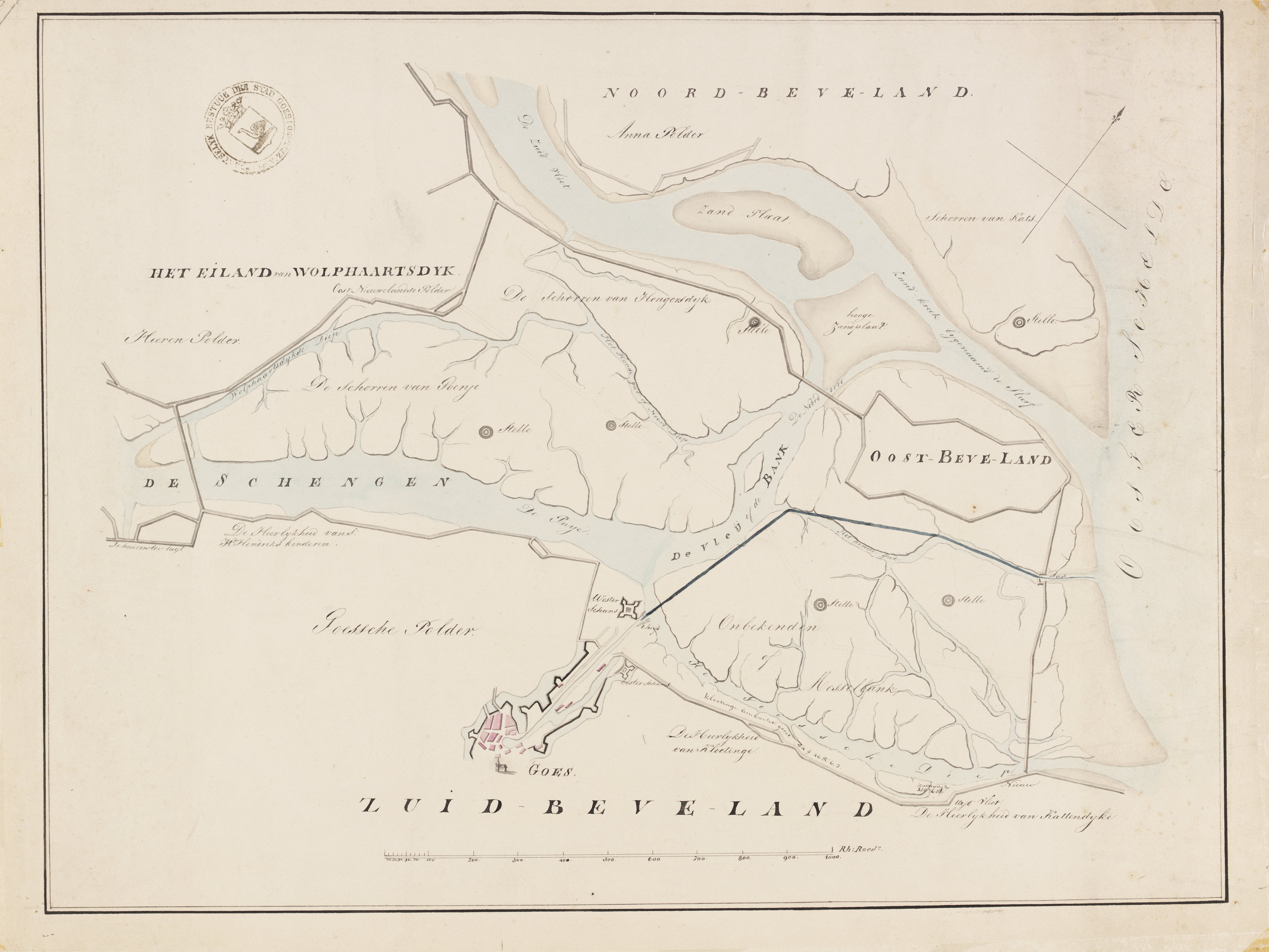 Kaart van de schorren ten noorden van Goes, met voorgestelde inpolderingen,  1809.