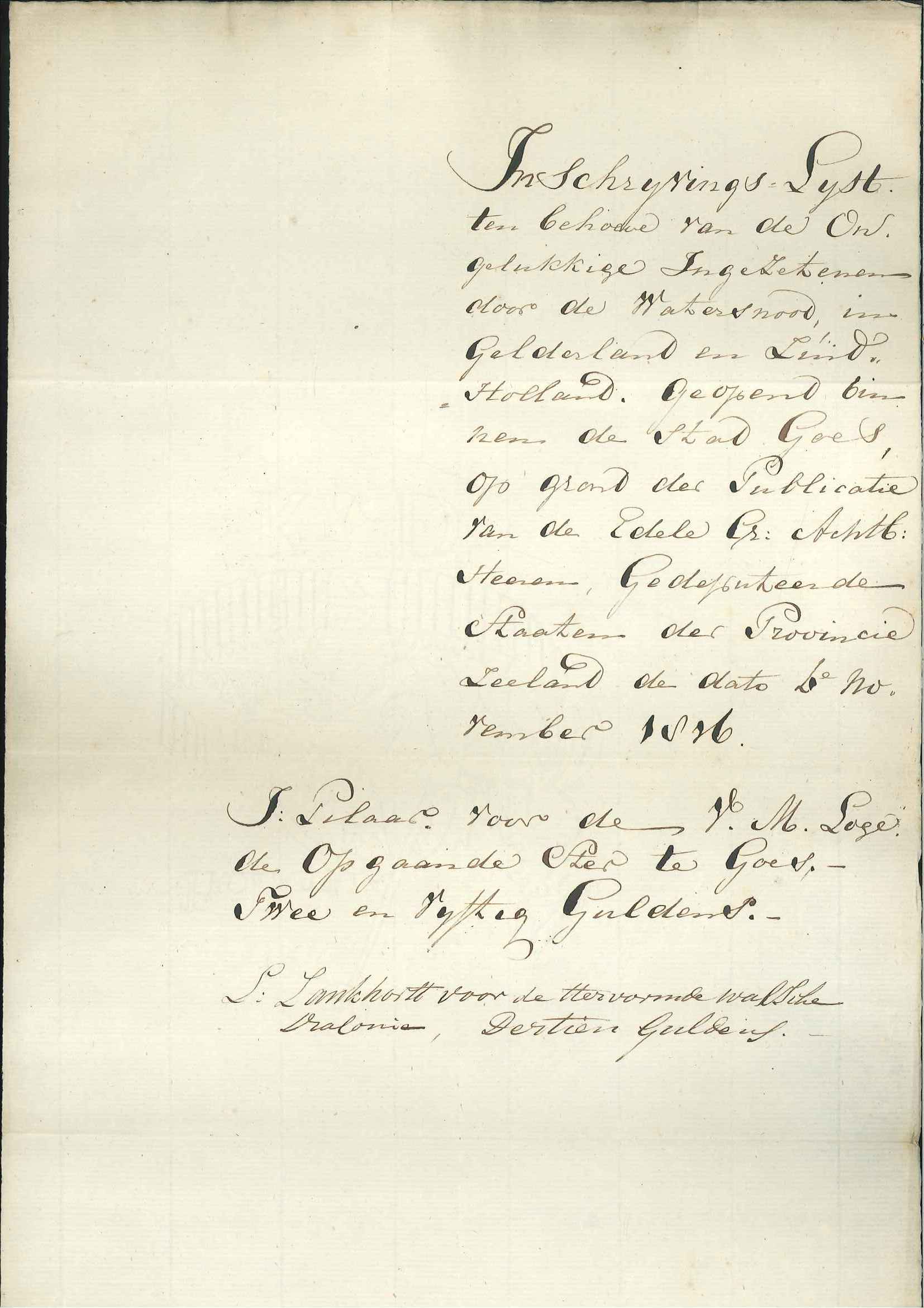 Lijst met donateurs voor de overstroming in Gelderland, 1816.