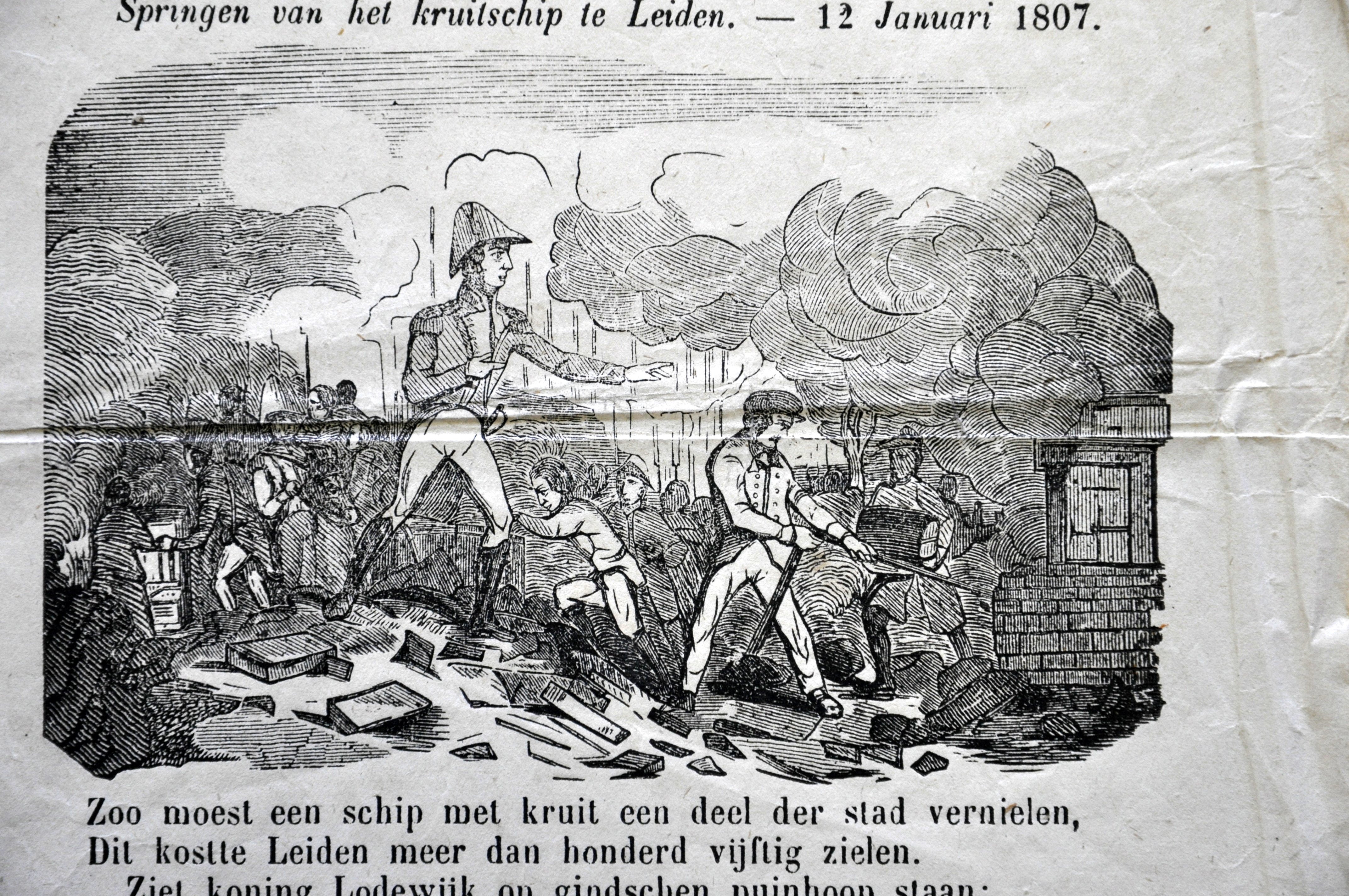 Nieuwsprent over het ontploffen van het kruitschip te Leiden, 1807.