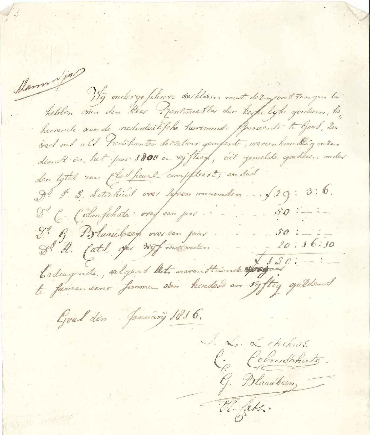 Nota van het salaris van de hervormde predikanten, 1815.