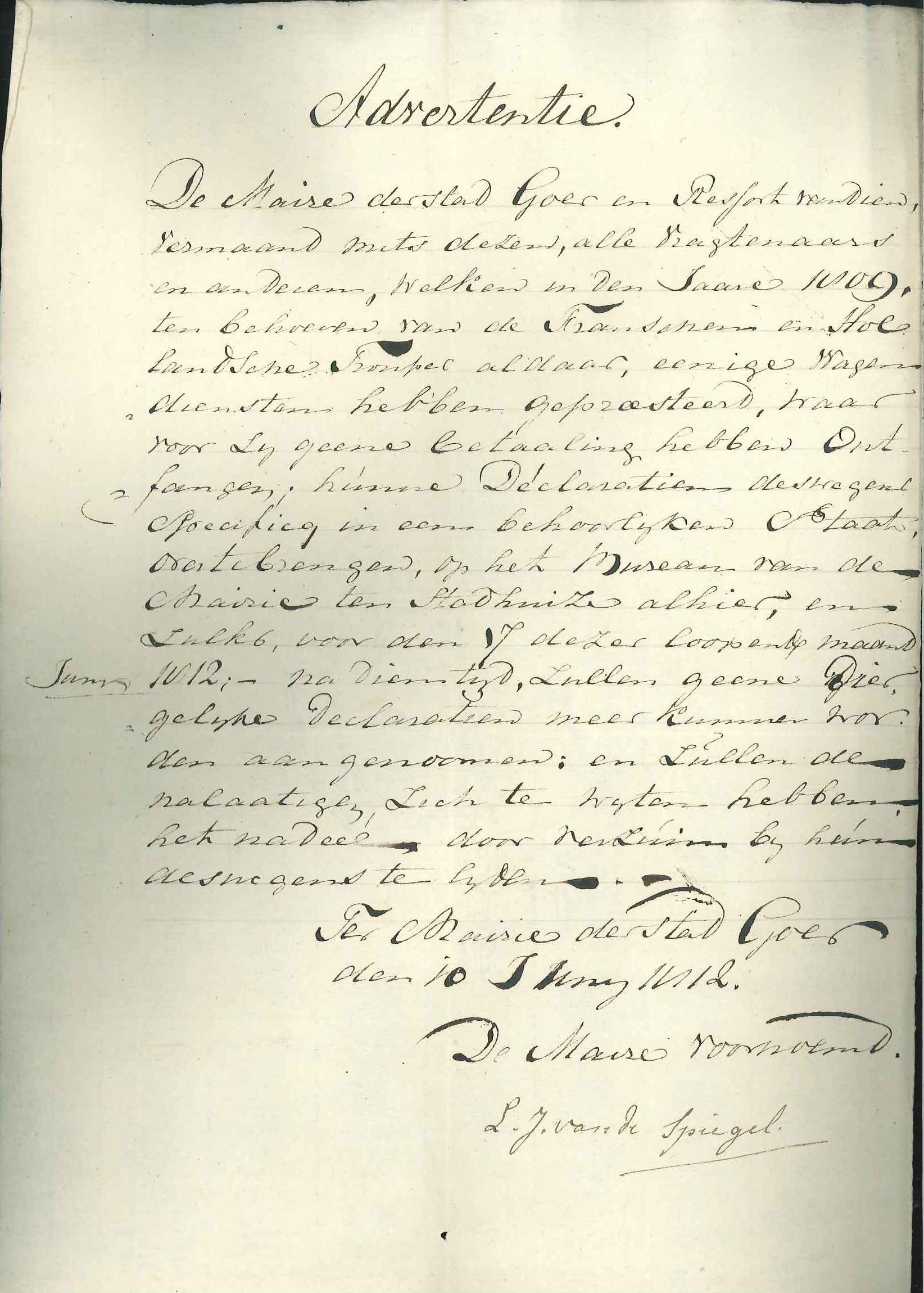 Oproep om declaraties van leveringen aan de diverse troepen in te dienen, 1812.