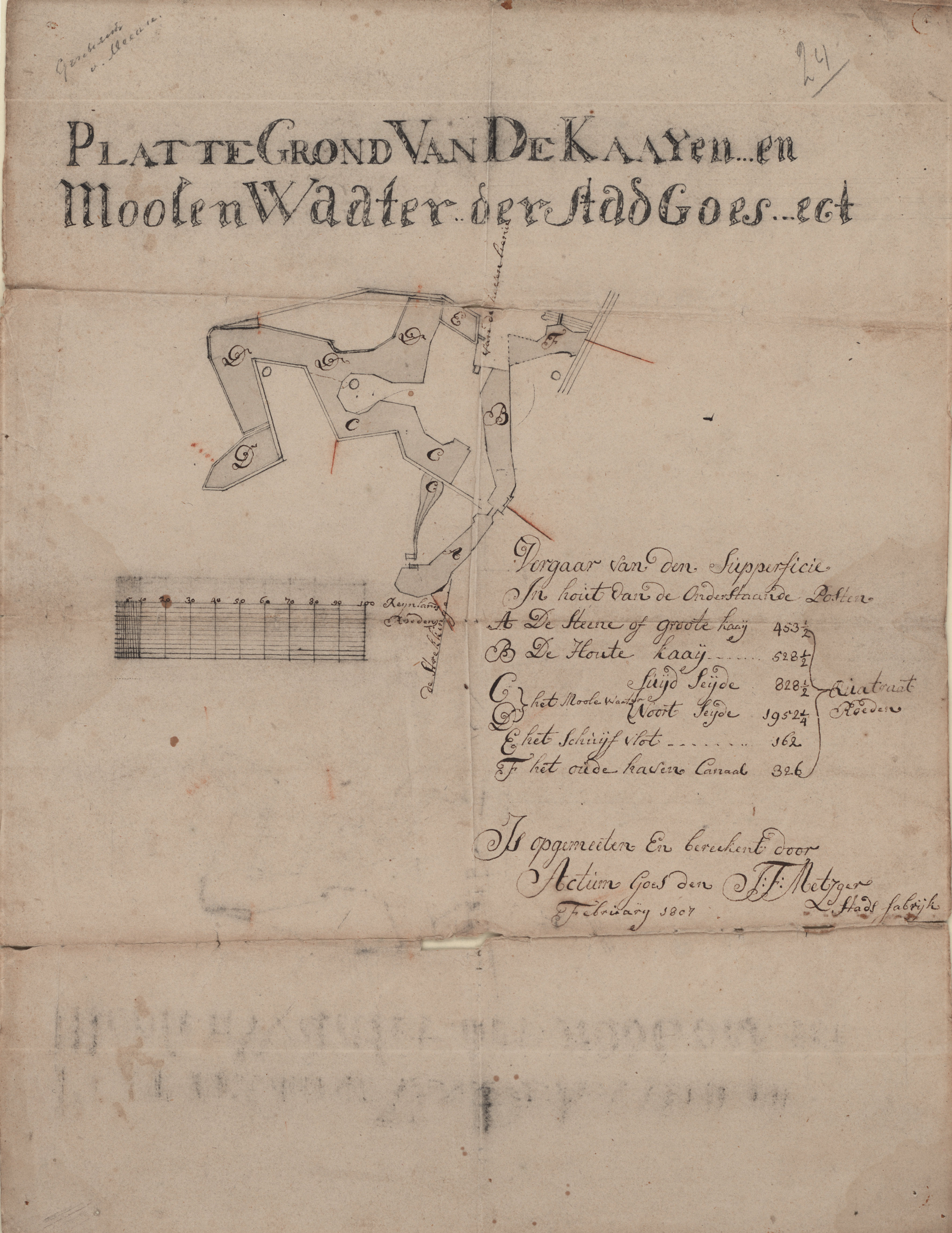 Plattegrond van de kaden en molenwater, F.J. Metzger, 1807.