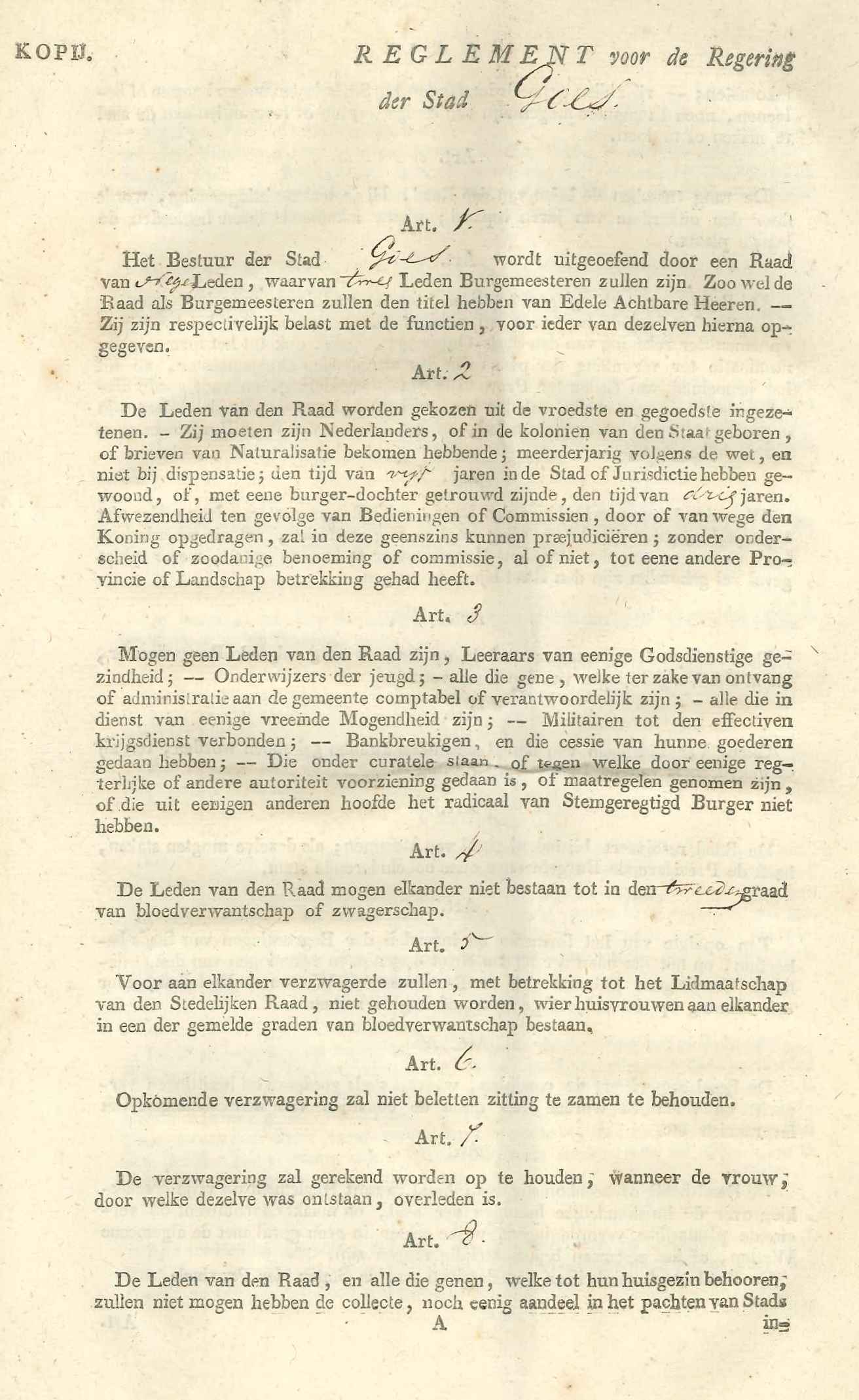 Reglement op het stadsbestuur van Goes, 1815.
