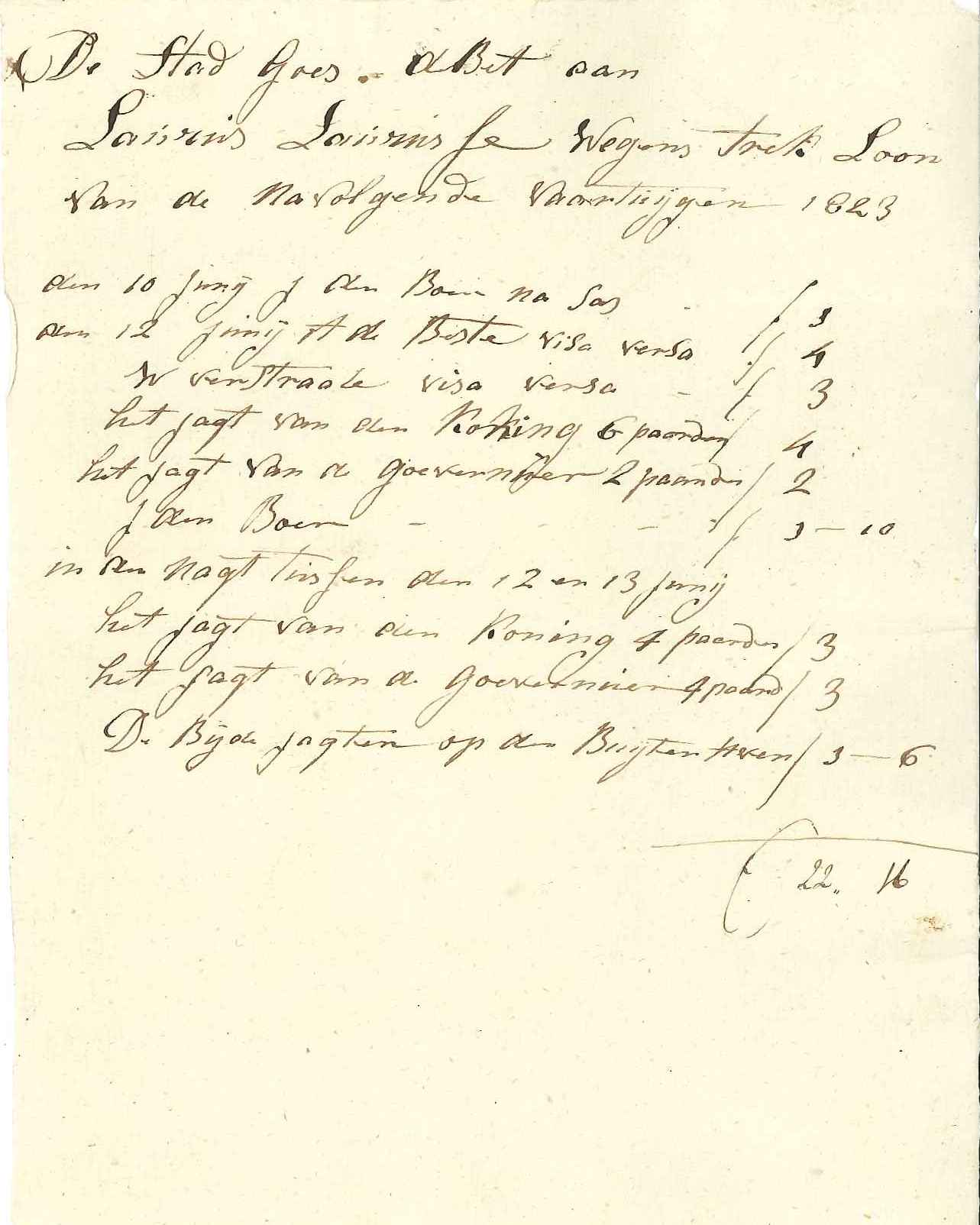 Rekening voor het trekloon voor de schepen,1823. GAG.ASG.inv.nr. 5230.