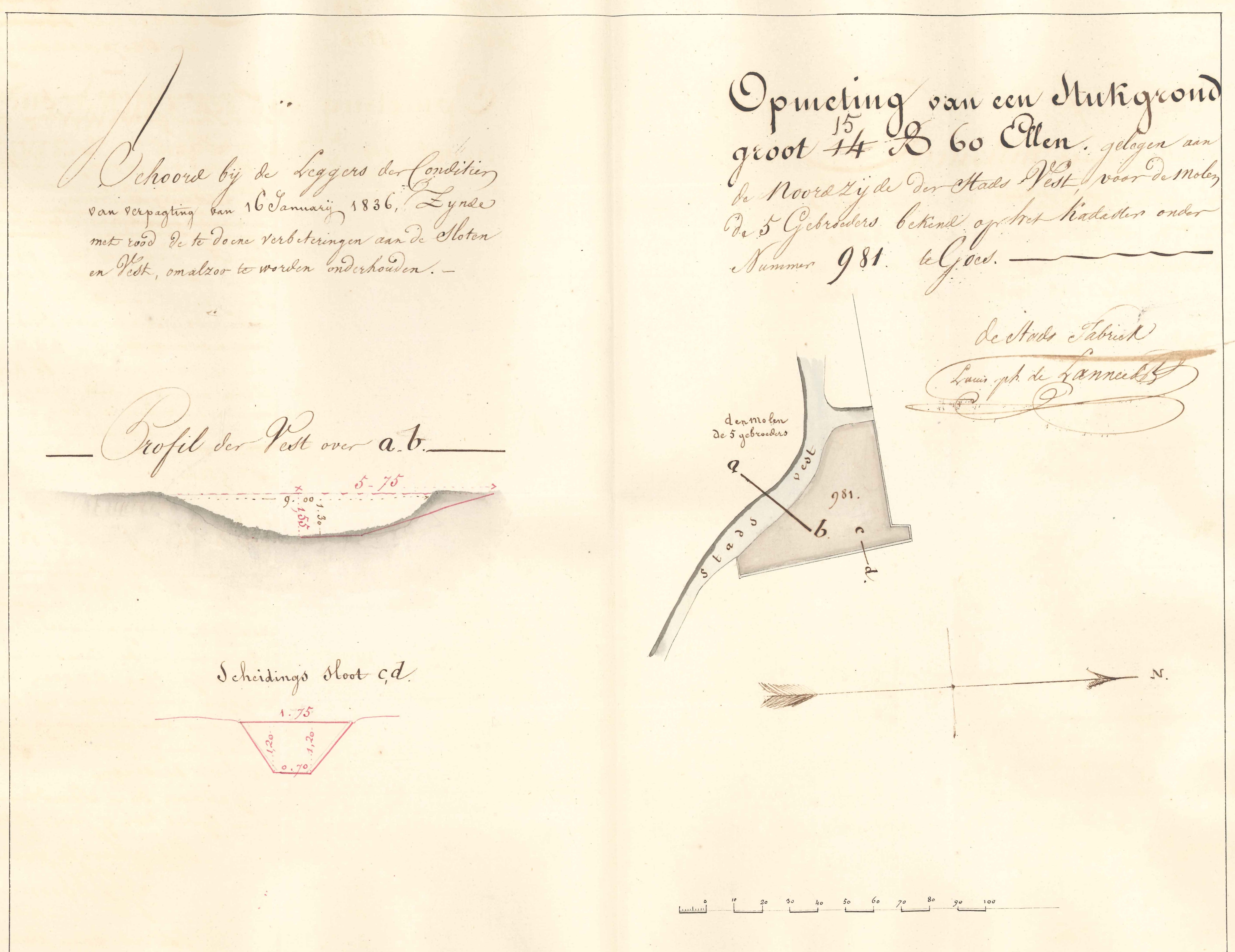 Situatieschets van de gracht bij molen De Vijf Gebroeders, met voorstellen voor verbetering, 1836. GAG. ASG.inv.nr. 543-1.