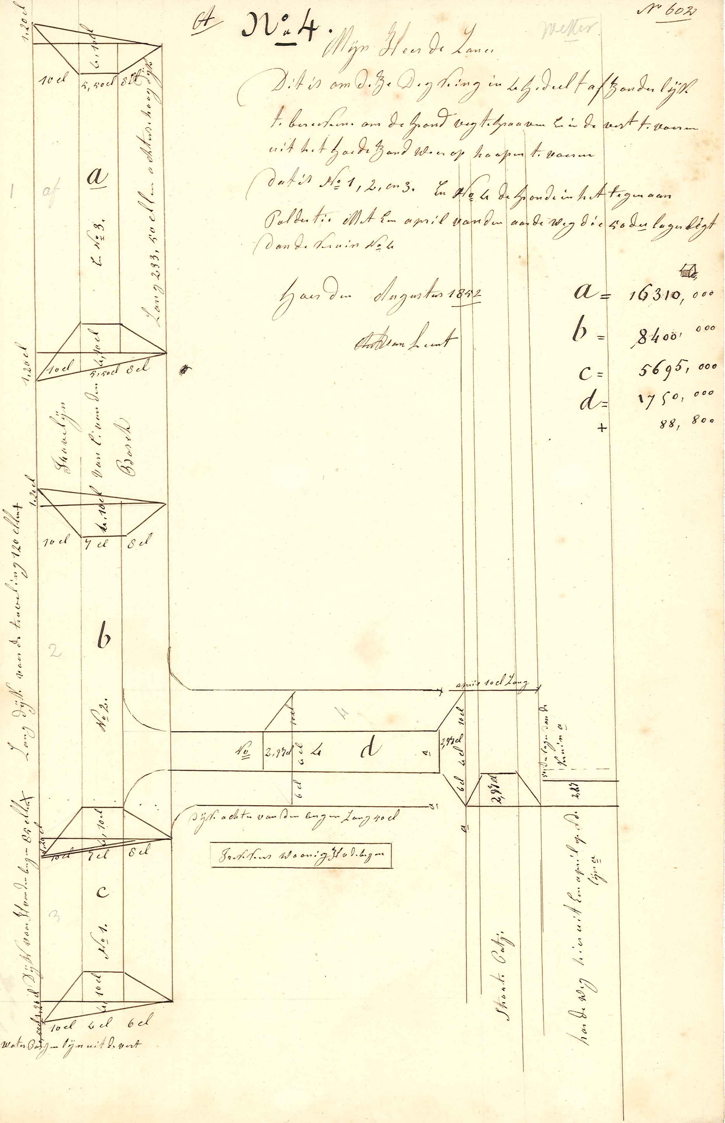Tekening van te maken profielen van de stadswallen, 1852. GAG.AGG.inv.nr. 160, nr. 602.