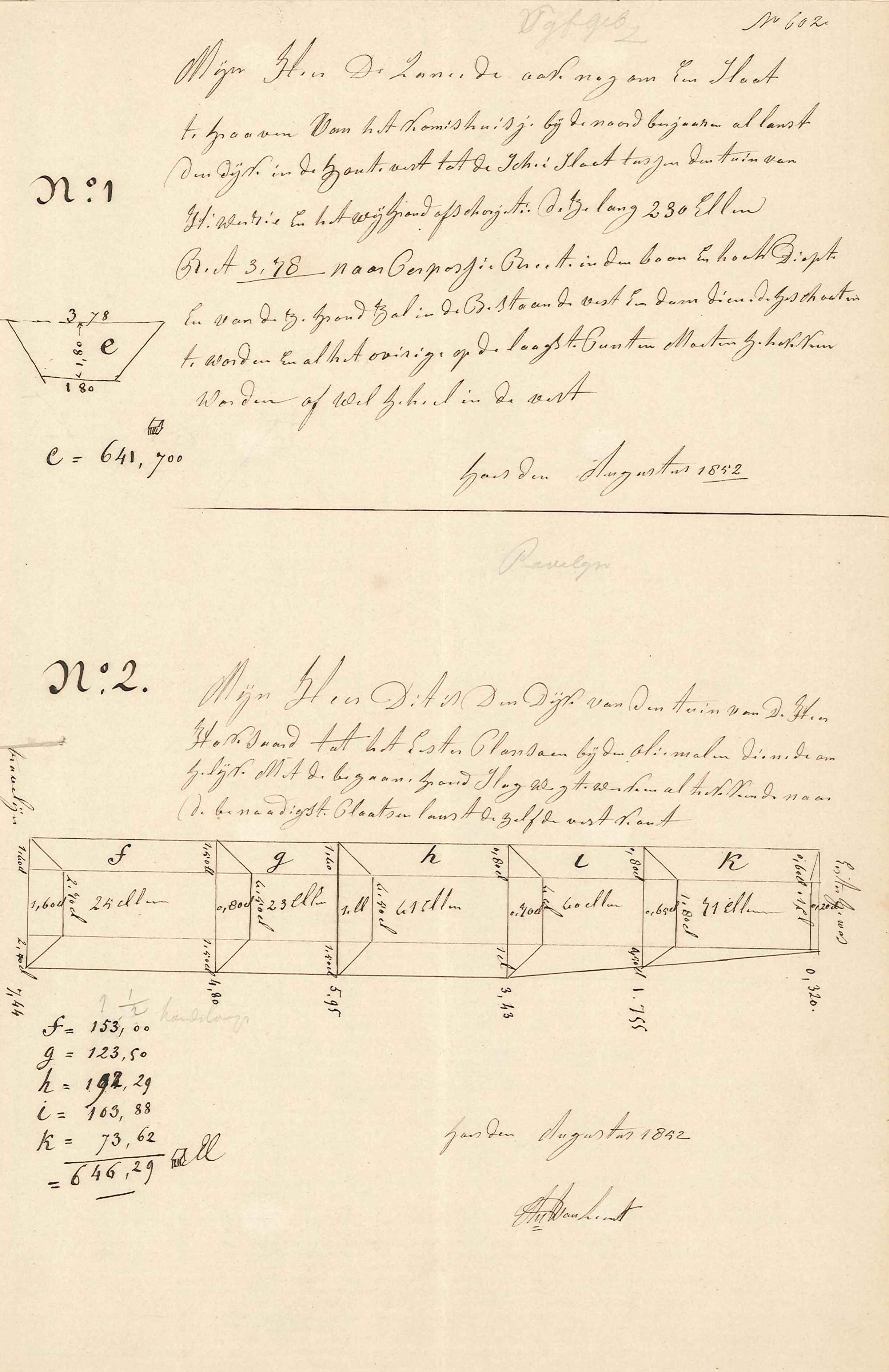 Tekening van te verrichten graafwerk aan gedeelten van de stadswallen, 1852. GAG.AGG.inv.nr. 160, nr. 602.