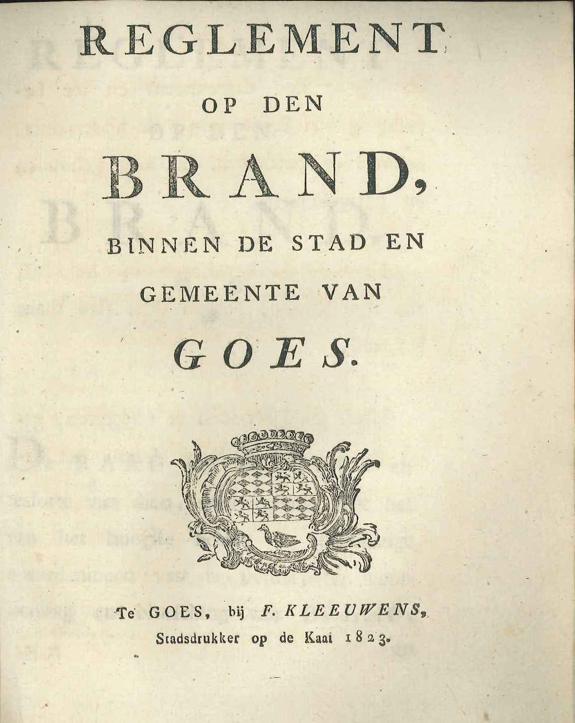 Titelblad van het reglement op brand, 1823. GAG.ASG.inv.nr. 1850.
