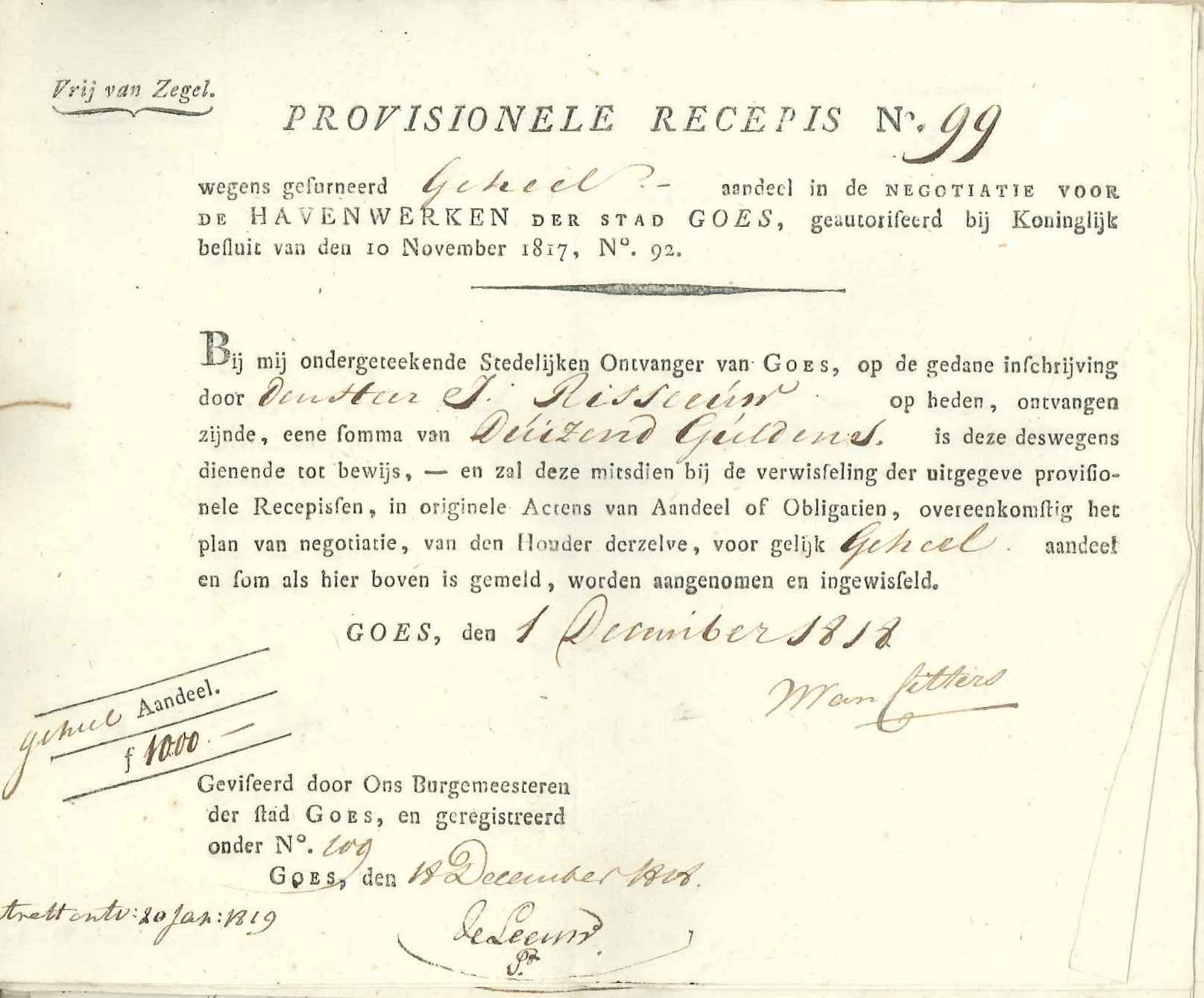 Voorlopig bewijs van aandeel in het fonds voor de havenverbetering, 1818.