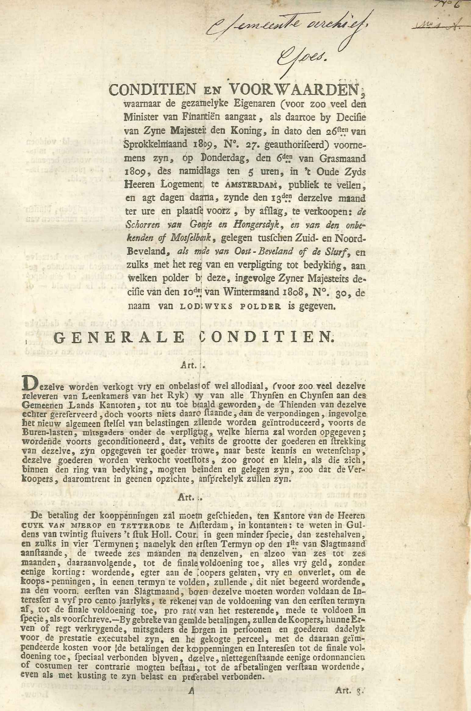 Voorwaarden voor de veiling van de schorren bij Goes, 1809.