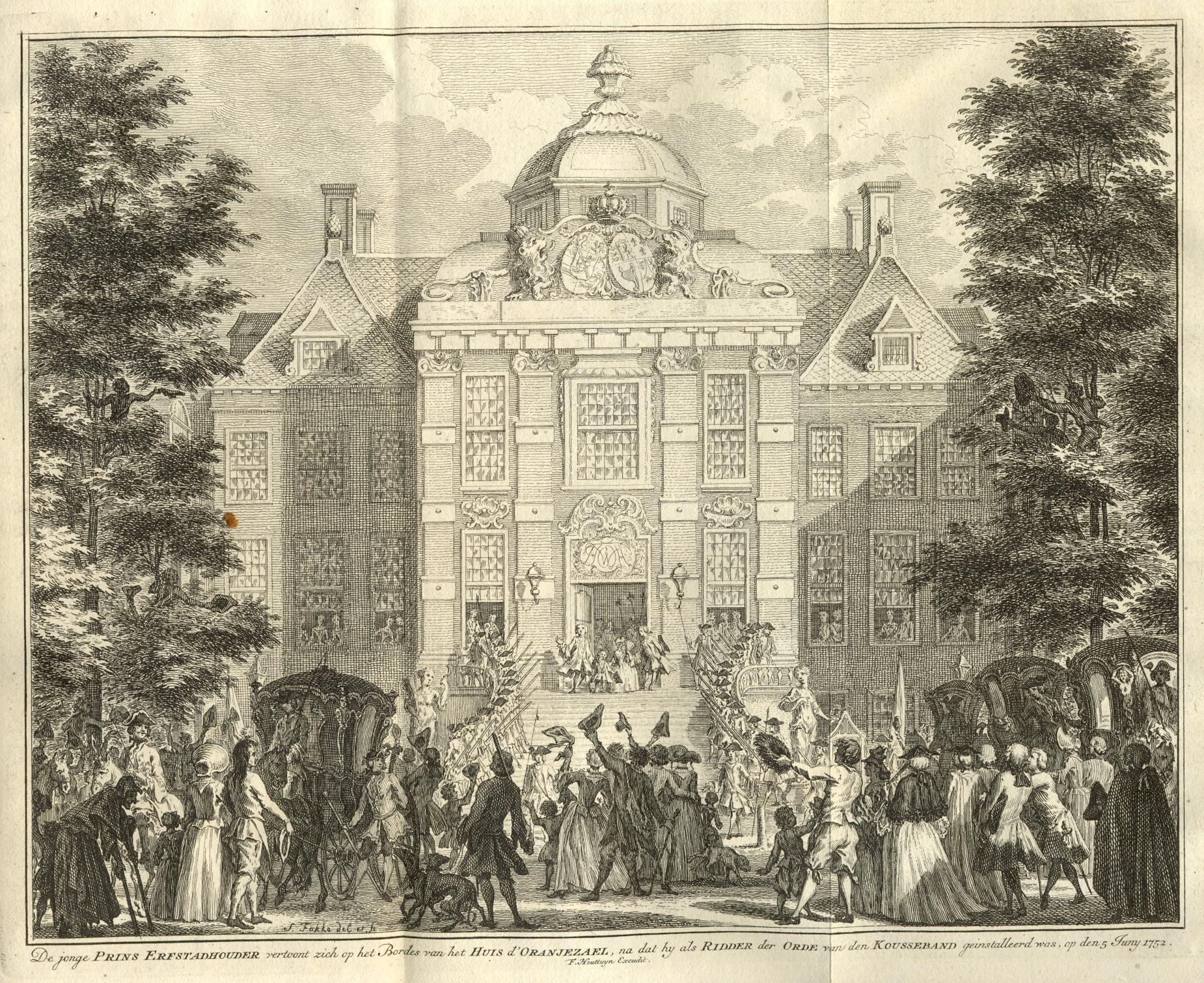 Feestvreugde bij het toekennen van de orde van de Kouseband aan de jonge prins van Oranje, 1752.