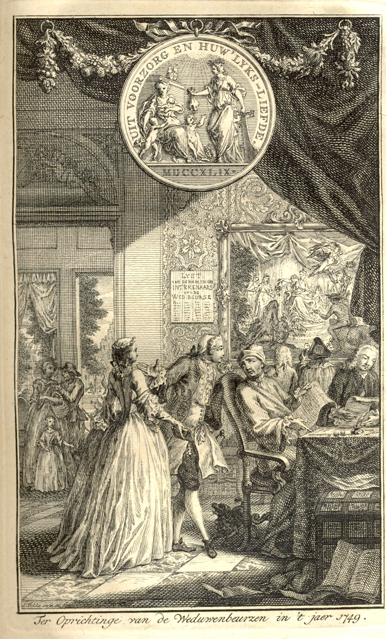 Zinnebeeldige prent op de oprichting van Weduwenbeurzen, 1749.