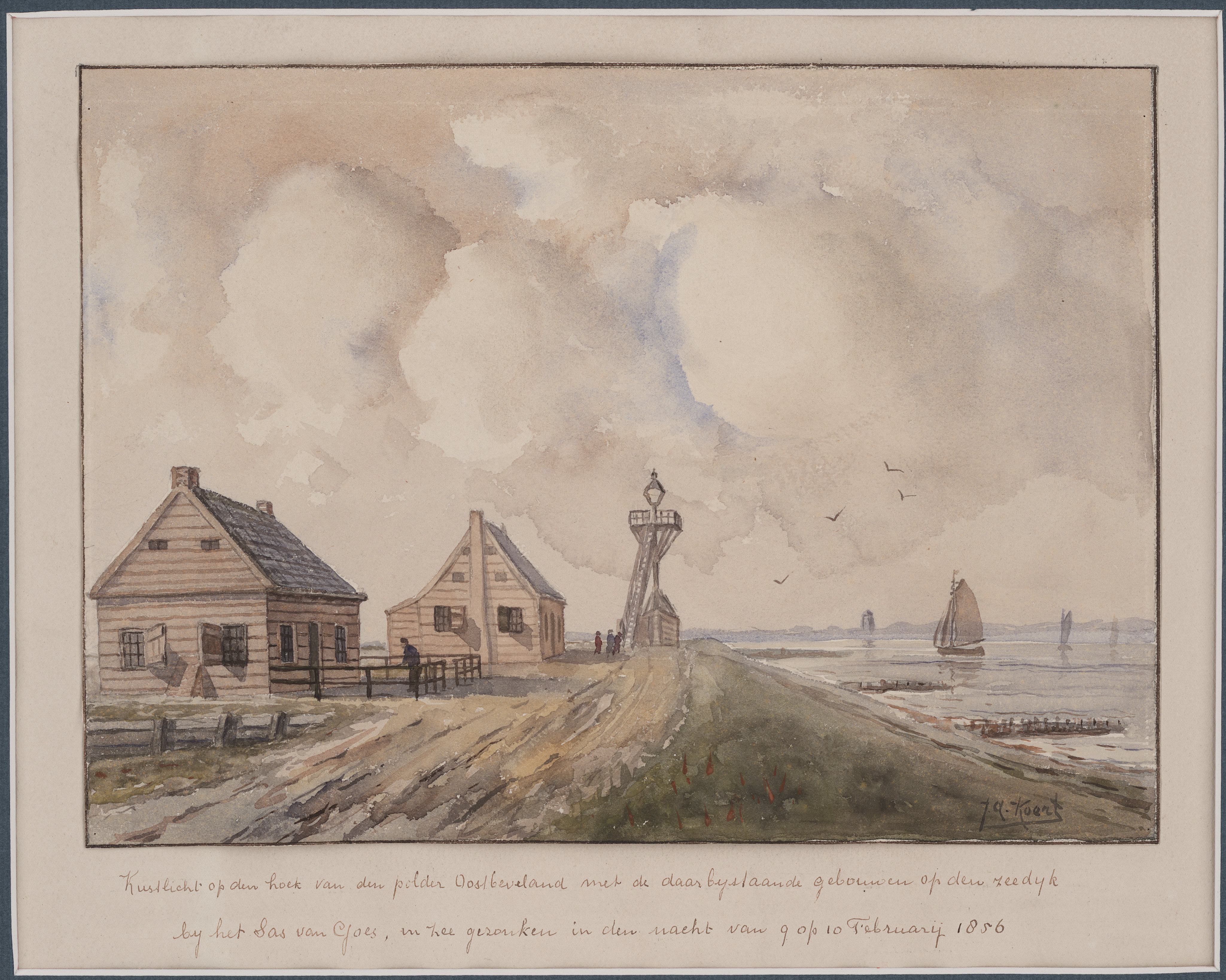 Aquarel van het kustlicht op de kop van de Wilhelminapolder in 1856 bij een dijkval verdwenen.